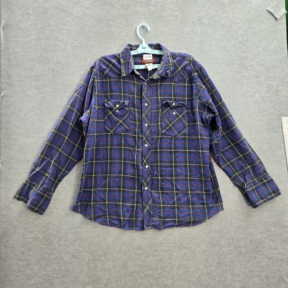 VINTAGE Wrangler Men Button Up Shirt XL Blue Plaid Flannel WW511RG Western Snap
